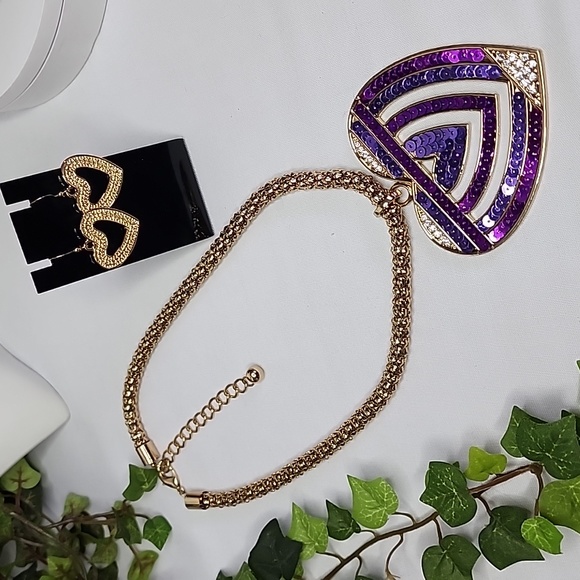 Gold Chain Necklace Large Purple Sequin Heart Pendant Earrings Set New - Picture 3 of 10